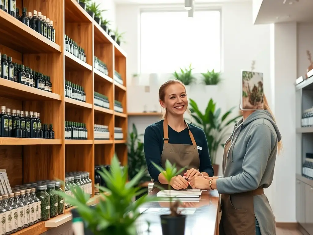 A welcoming and modern cannabis dispensary interior with friendly staff assisting customers.