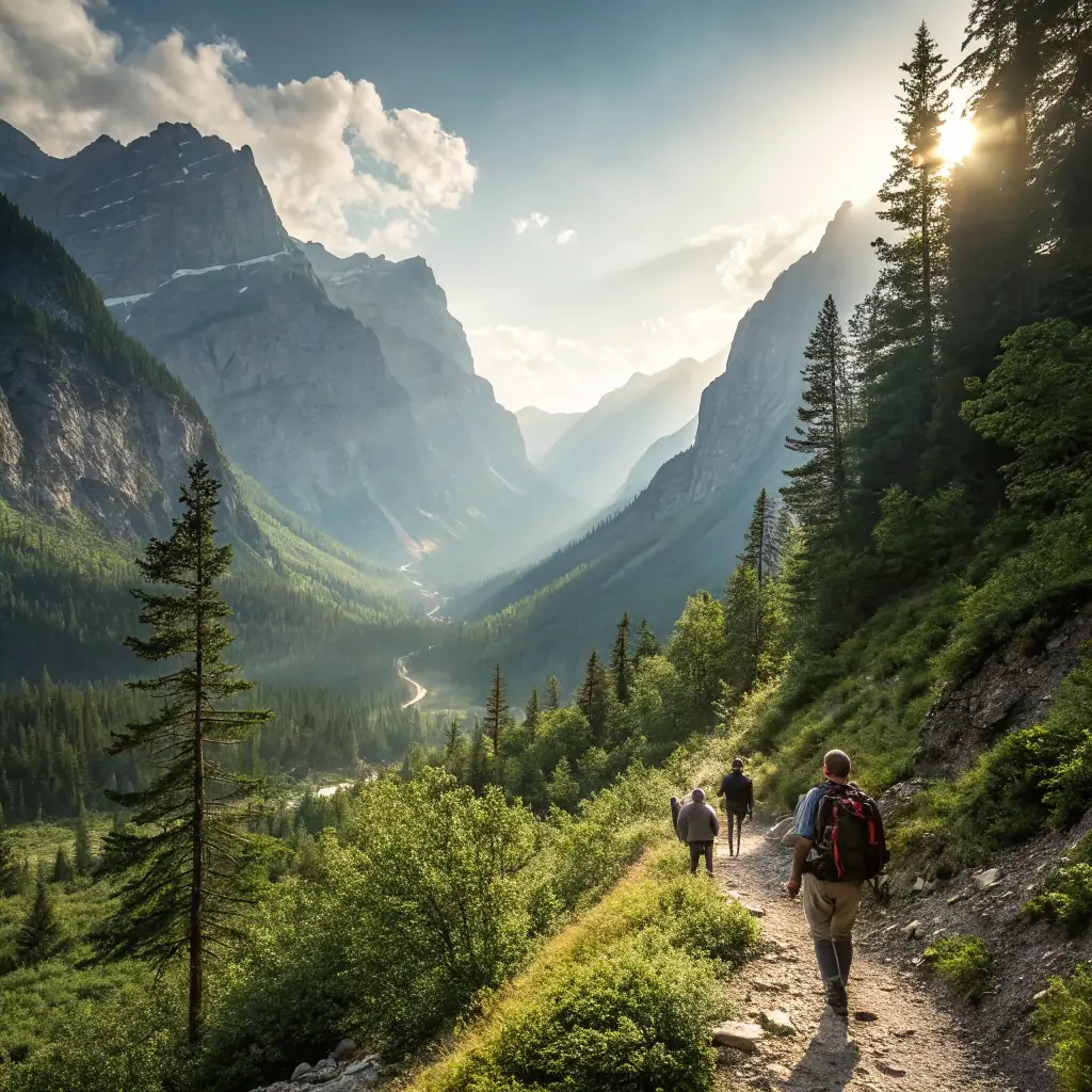 A vibrant outdoor scene showing a group of young hikers crossing a mountain trail surrounded by lush greenery, capturing the adventurous and friendly spirit of OUTDOOR NORD