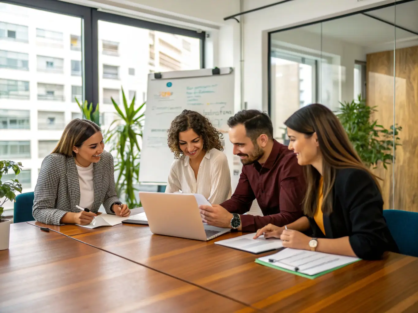 A professional team of consultants collaborating in a modern office environment, emphasizing expertise and innovation