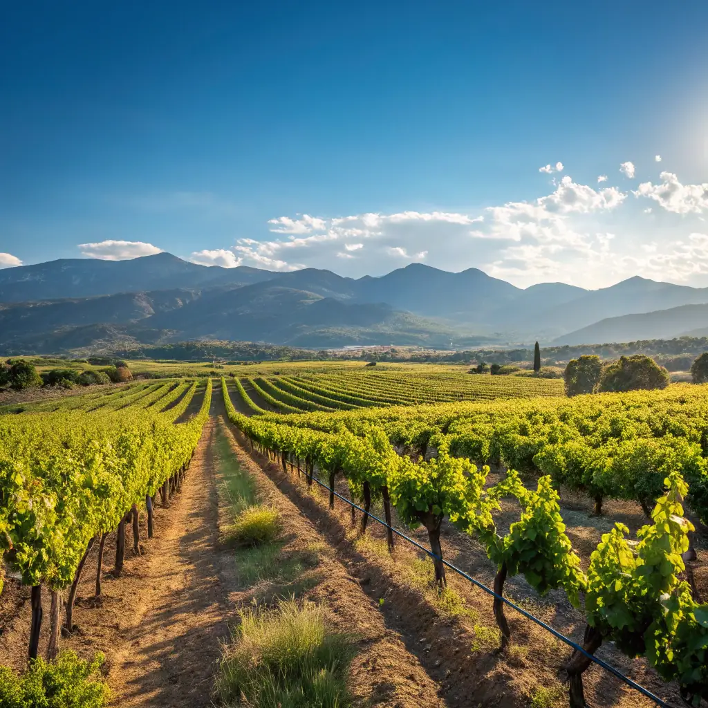 A picturesque vineyard scene at Velare Winery, showcasing rows of grapevines with the Andes Mountains in the background. The image should evoke a sense of luxury, exclusivity, and the emotional connection to the land and wine.