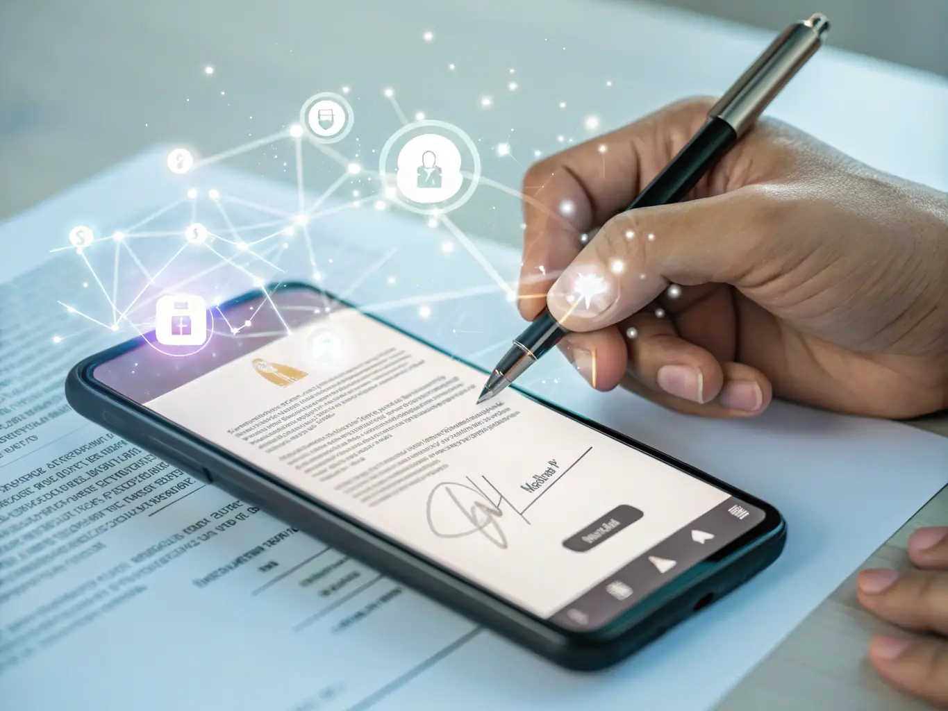 An icon depicting a digital signature being applied to a document on a tablet or smartphone, representing the final step of sending and signing contracts online through Contractly.ai.