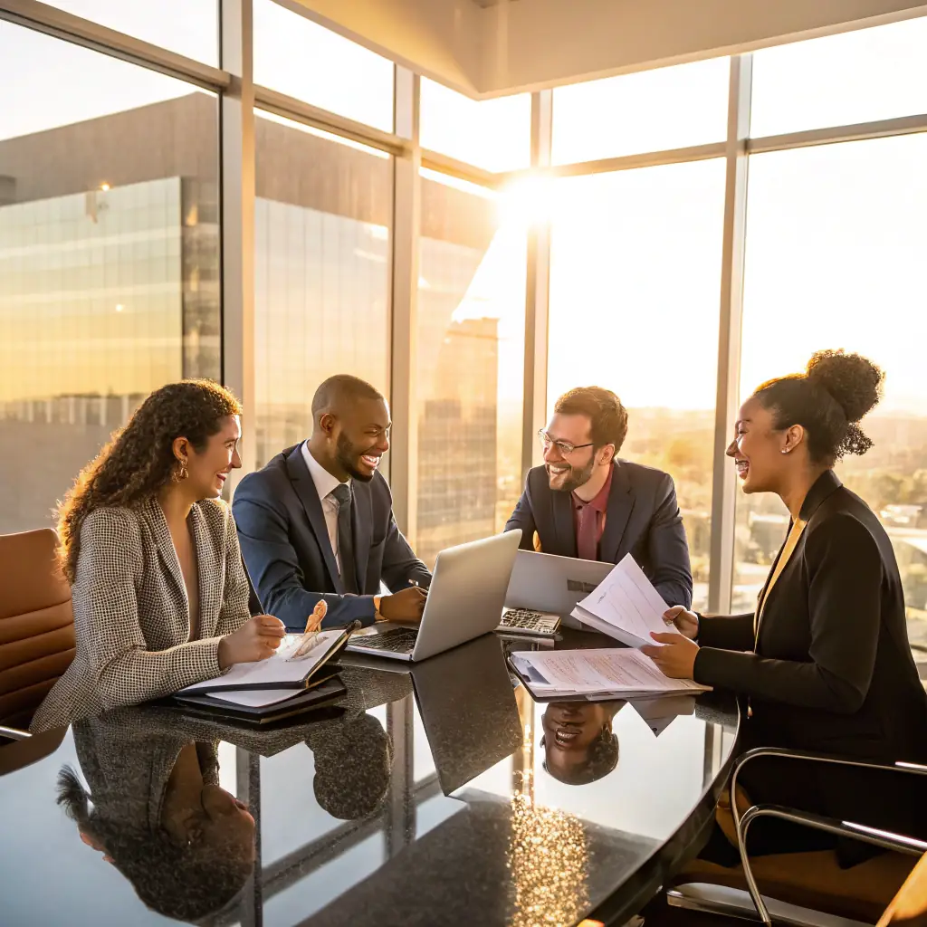A group of diverse professionals actively participating in an AI workshop, with laptops and engaged in collaborative discussions, reflecting the interactive and hands-on learning experience offered by Menter Digital.