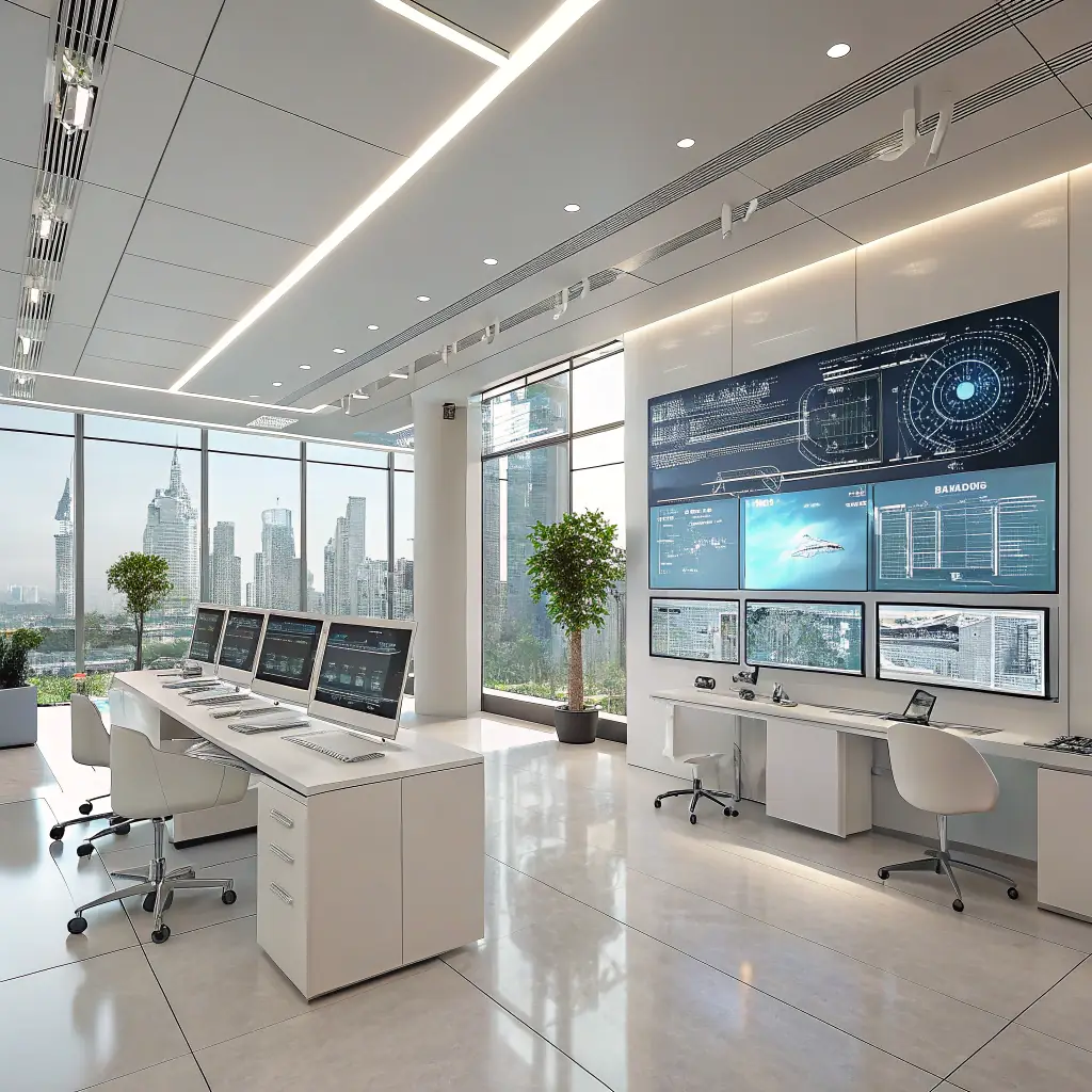 A futuristic scene depicting AI robots and web development gurus collaborating in a modern office setting, with holographic displays showcasing AI Gemini Studio, SEO Vertex AI Agents, and OmegaCube's logo. The image should convey innovation, expertise, and a forward-thinking approach to digital marketing.
