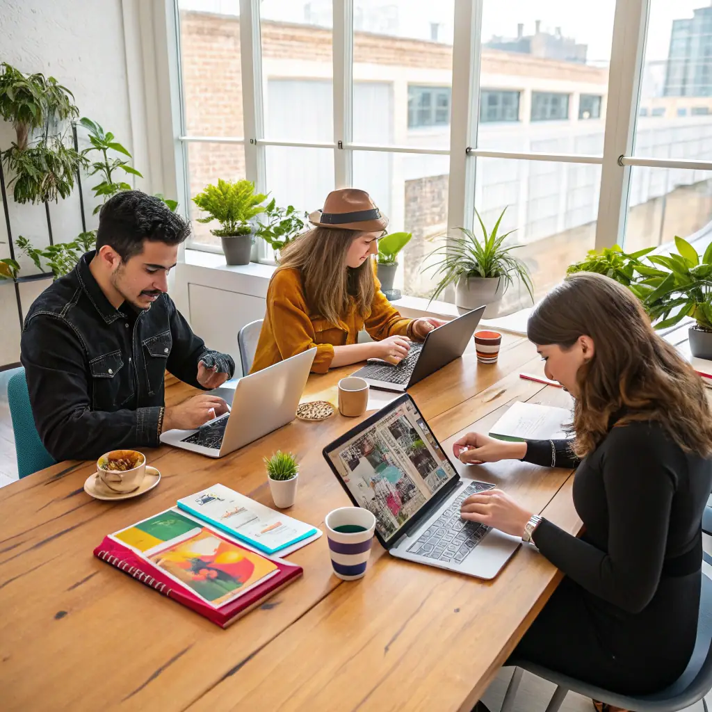 A diverse team of content creators brainstorming ideas around a table filled with laptops and digital devices, set in a modern, open-plan office environment. The scene should convey collaboration, innovation, and a focus on digital marketing strategies.