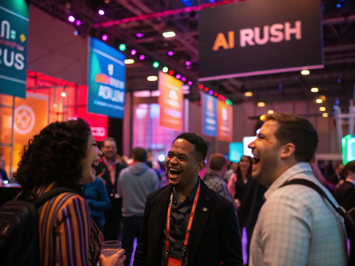 A vibrant event showcasing AI technology in action, with attendees enjoying interactive experiences.
