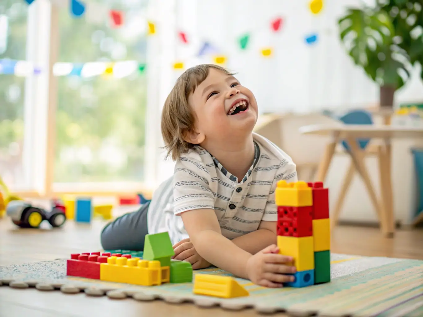 A child with autism playing with building blocks, smiling and engaged.