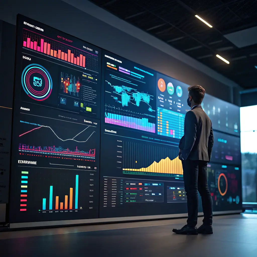 A futuristic digital marketing dashboard displaying AI-driven analytics and automation tools, showcasing Omegacube's innovative approach to digital marketing.