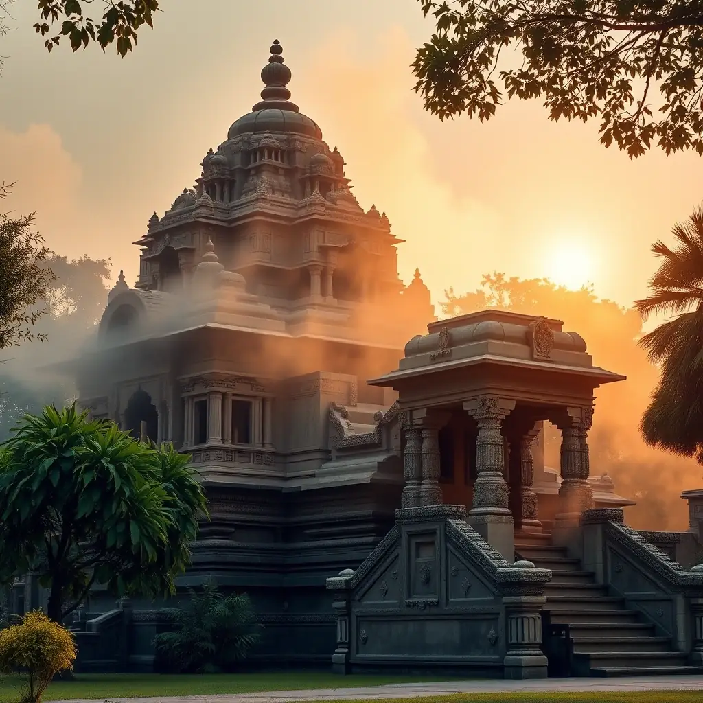 A serene photograph of an ancient Indian temple at sunrise, mist gently rising, symbolizing wisdom and new beginnings. The image should evoke a sense of peace and introspection.