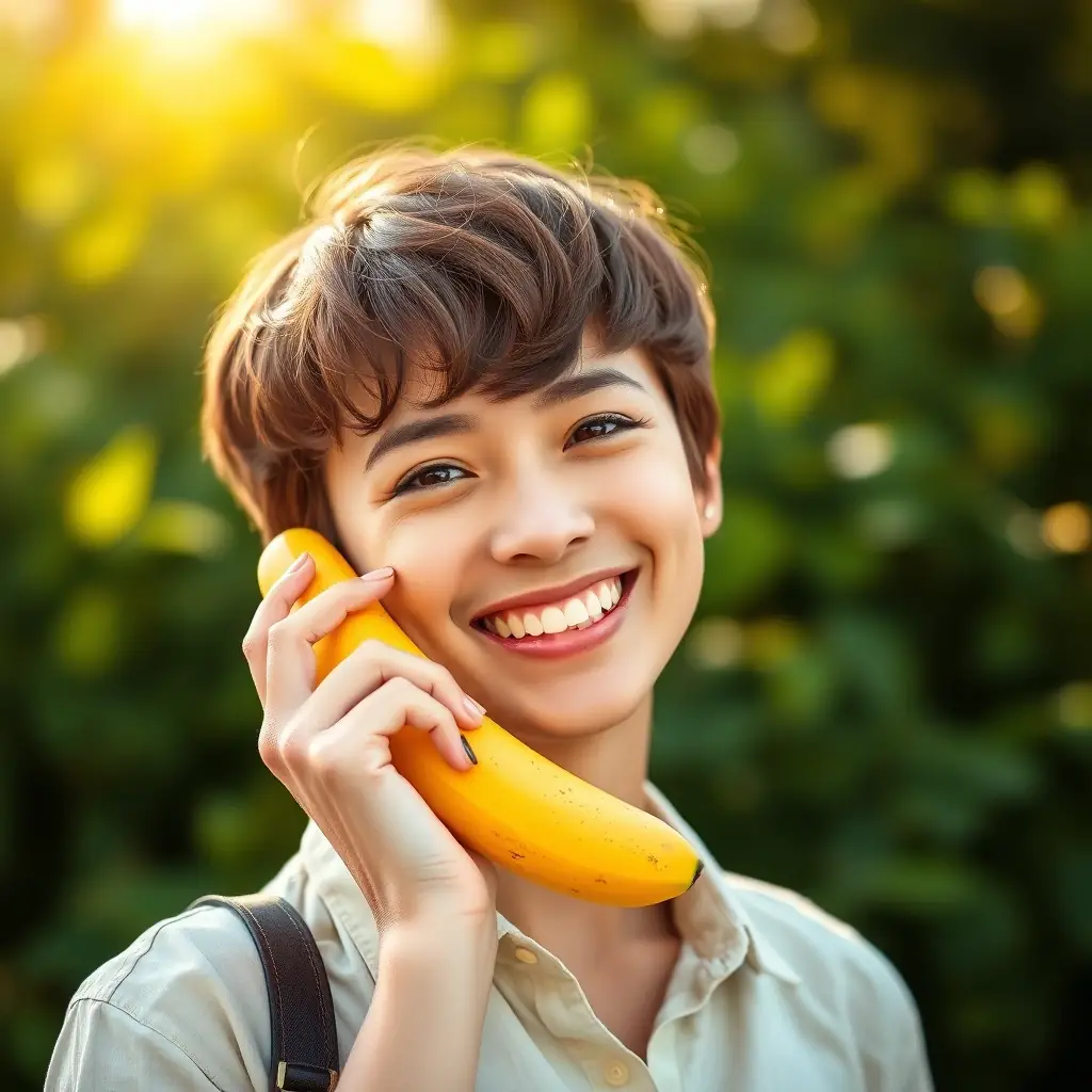 A person using a banana as a phone, smiling and looking happy.