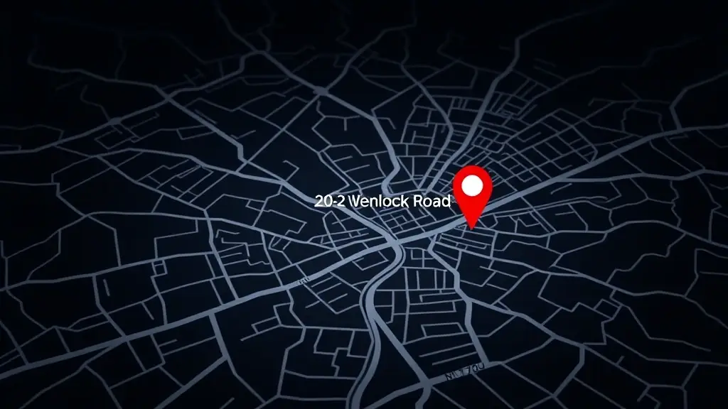 A minimalistic, modern map (dark theme / night mode) with streets and landmarks visible in subtle grey/white lines. The address “20-22 Wenlock Road, London, England, N1 7GU” is highlighted with a custom marker (a glowing dot).