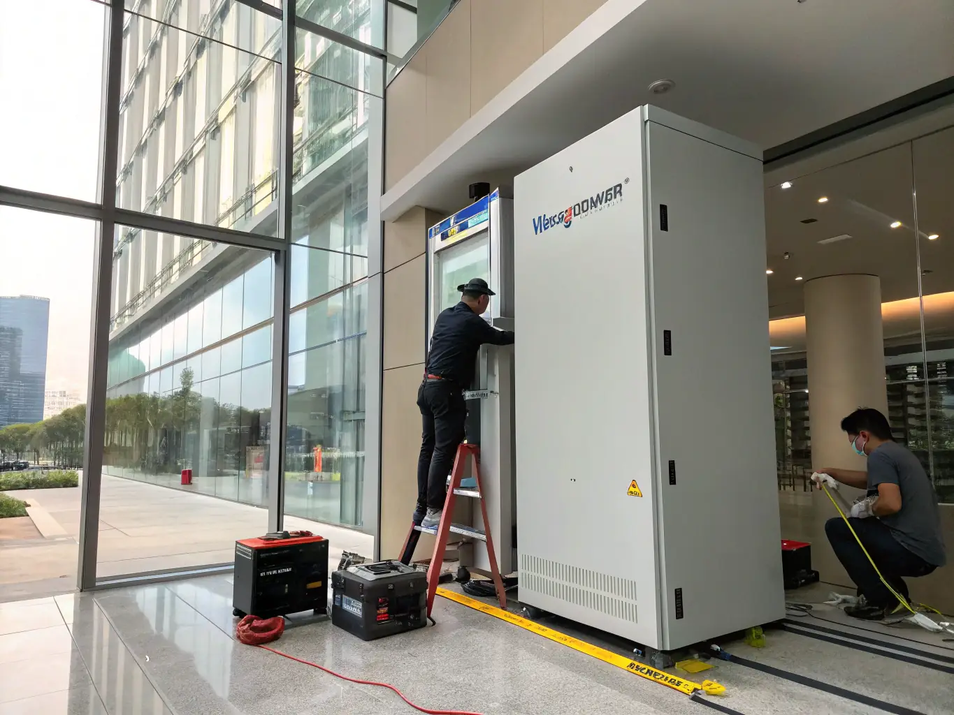 A detailed image of the energy storage system installed in a real-world environment, highlighting its operational context.