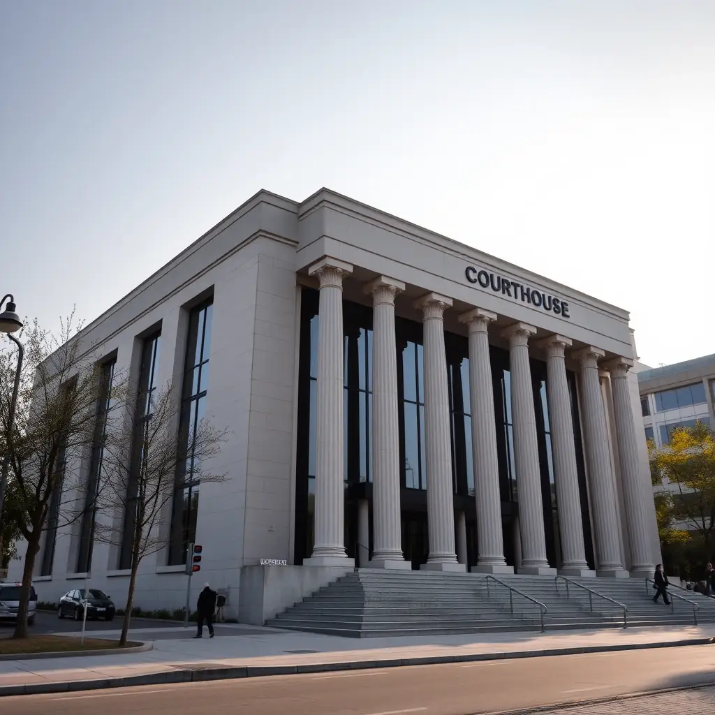 A photograph of the Georgian flag waving in front of the modern building of the Ministry of Justice in Tbilisi, symbolizing the clear and stable legal framework for IVF in Georgia.