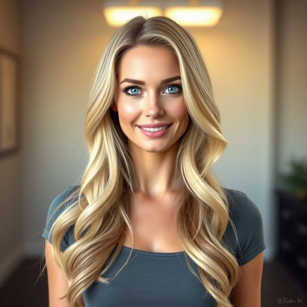 Sophie has long, straight blonde hair, soft features, and a warm smile.