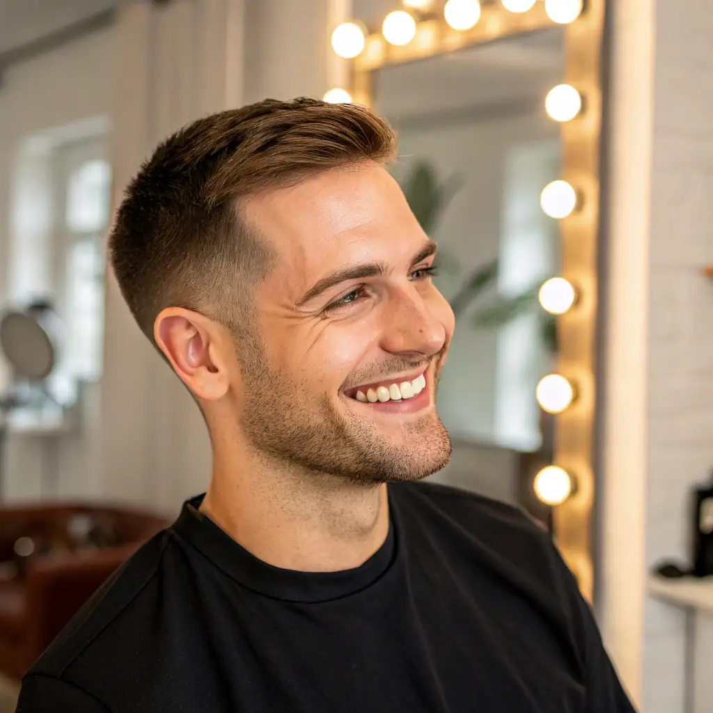 Liam has short, dark hair, a neat beard, and a confident demeanor.