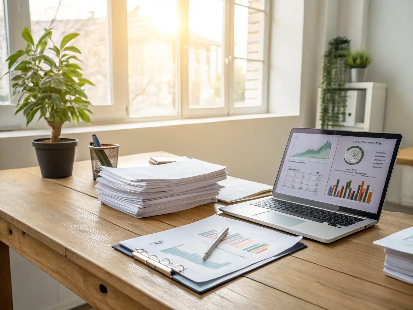 A modern office interior with tax documents and a calculator on the desk, symbolizing local tax services in San Jose.