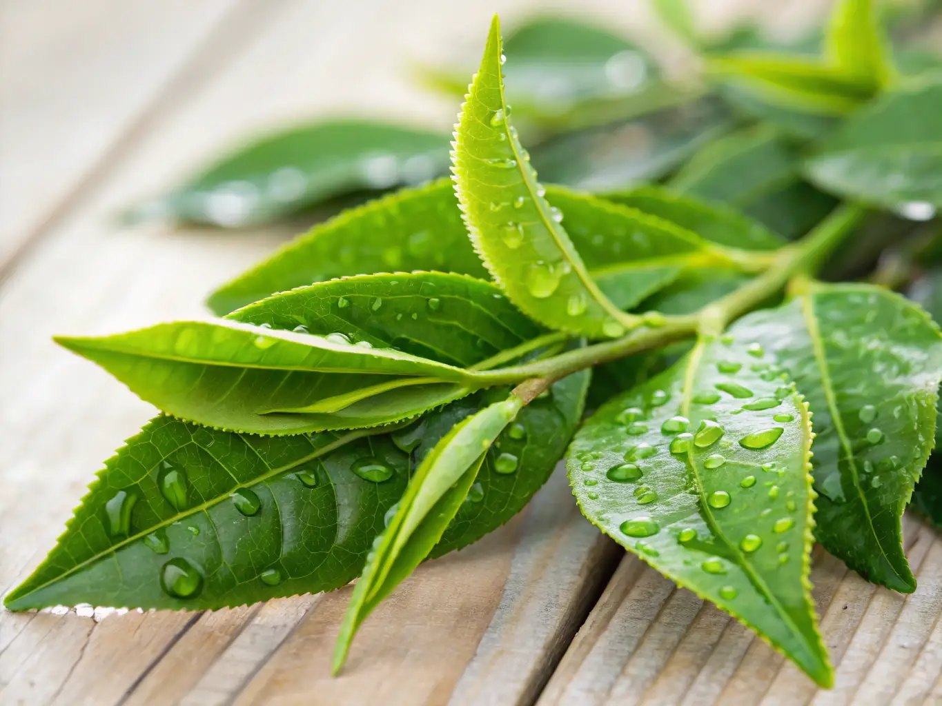 A serene scene of tea leaves and herbs in a natural setting, emphasizing sustainability and organic sourcing.