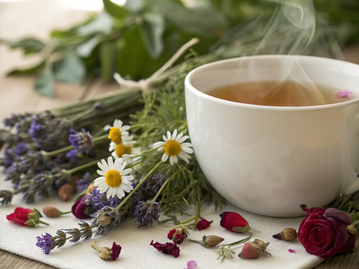 An inviting image of a steaming cup of tea surrounded by fresh herbs and tea leaves, highlighting purity and natural ingredients.