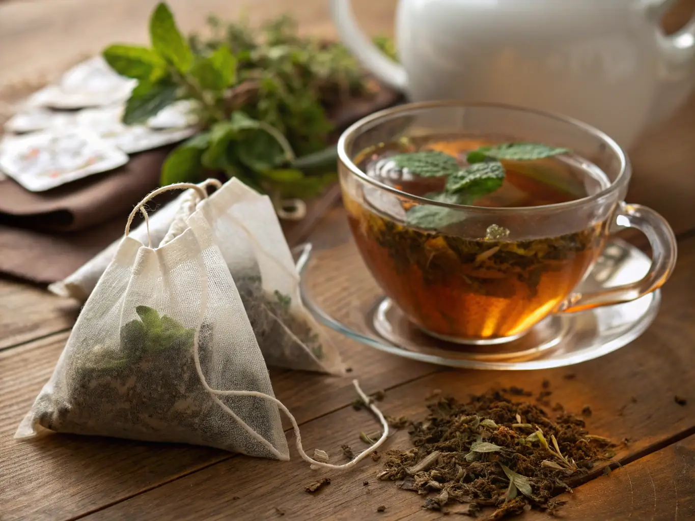 A vibrant display of PureLeaf's premium tea blends arranged in an elegant setting, emphasizing natural ingredients and eco-friendly packaging.