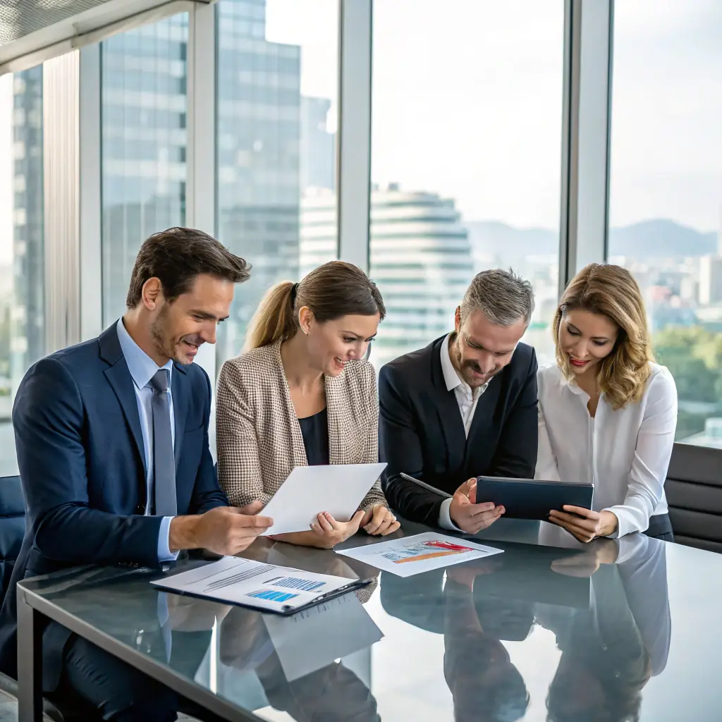 A professional image showing a diverse team of legal and real estate experts collaborating in a high-end office environment, emphasizing trust, expertise, and discretion.