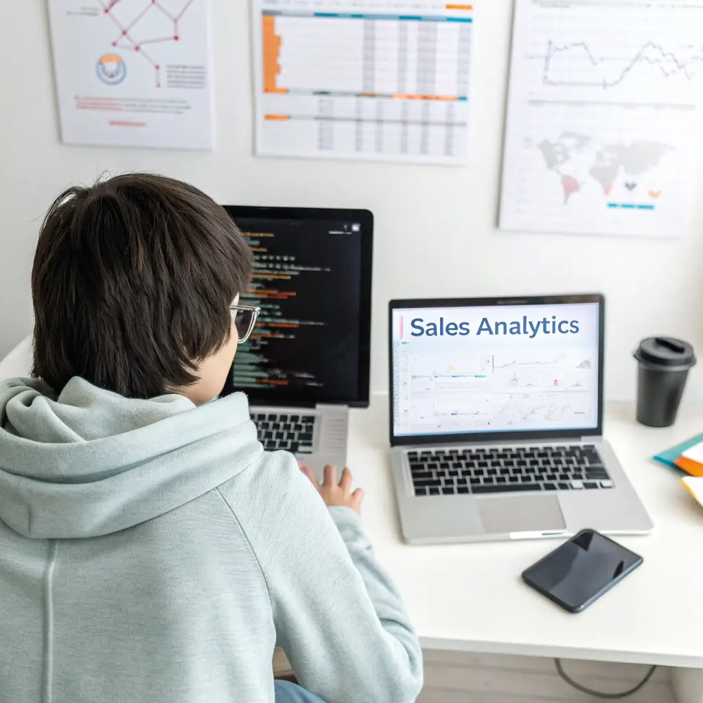 A person brainstorming ideas for new AI-powered computer accessories, surrounded by computer screens displaying various automation tools and revenue charts, symbolizing the transformation of ideas into automated business models.