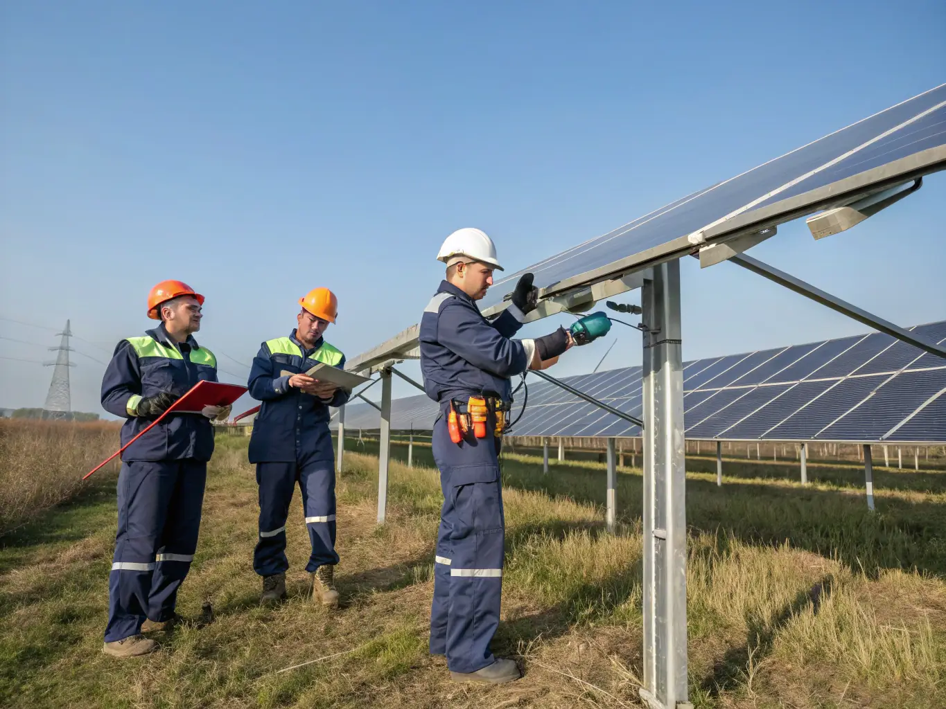 Image of CELINTECH engineers installing solar street lights in an outdoor environment.