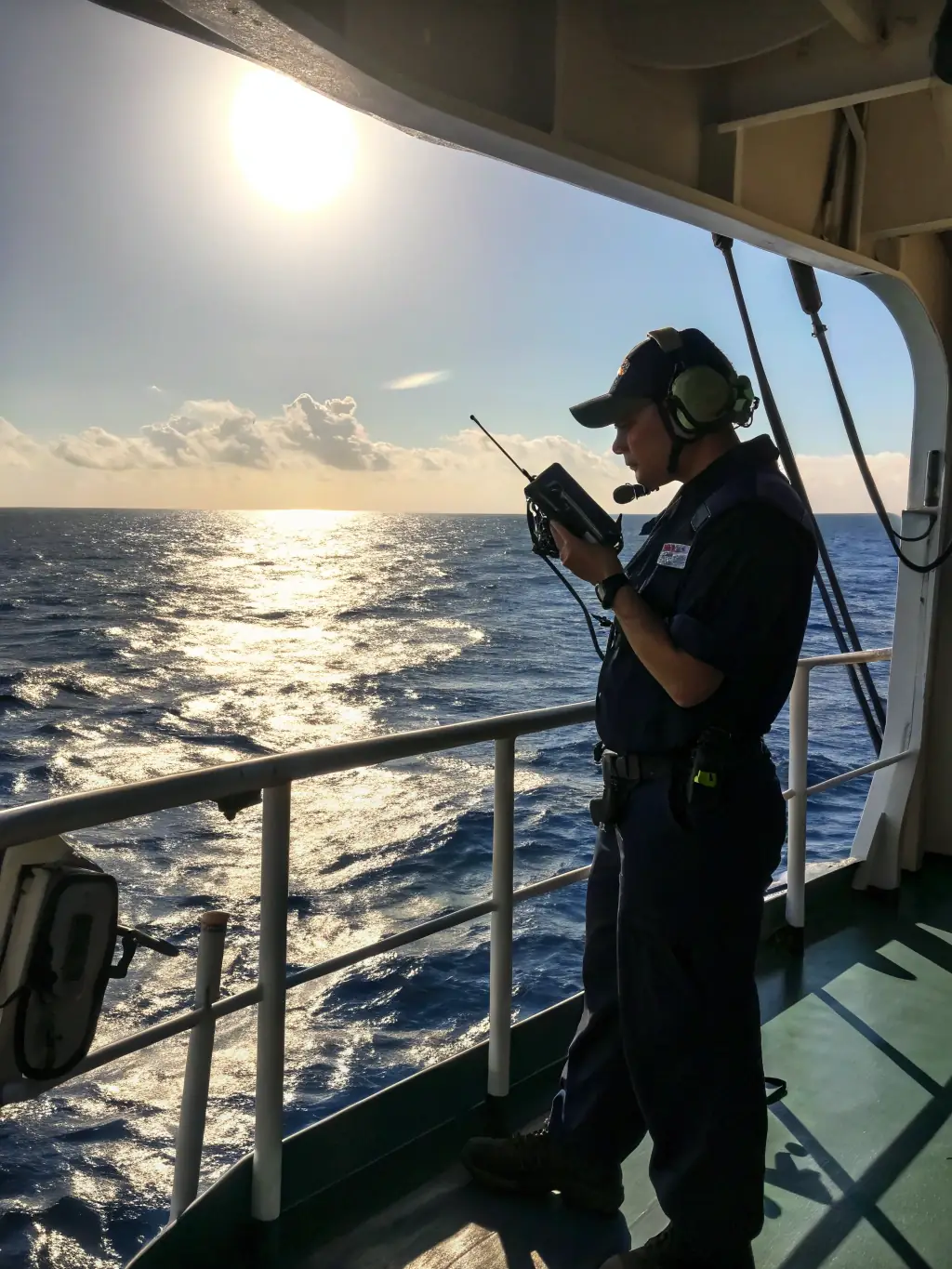 A professional photo of a maritime professional on a ship deck, confidently using a tablet to manage communications, with a clear sky and calm sea in the background, symbolizing efficient follow-up communications.