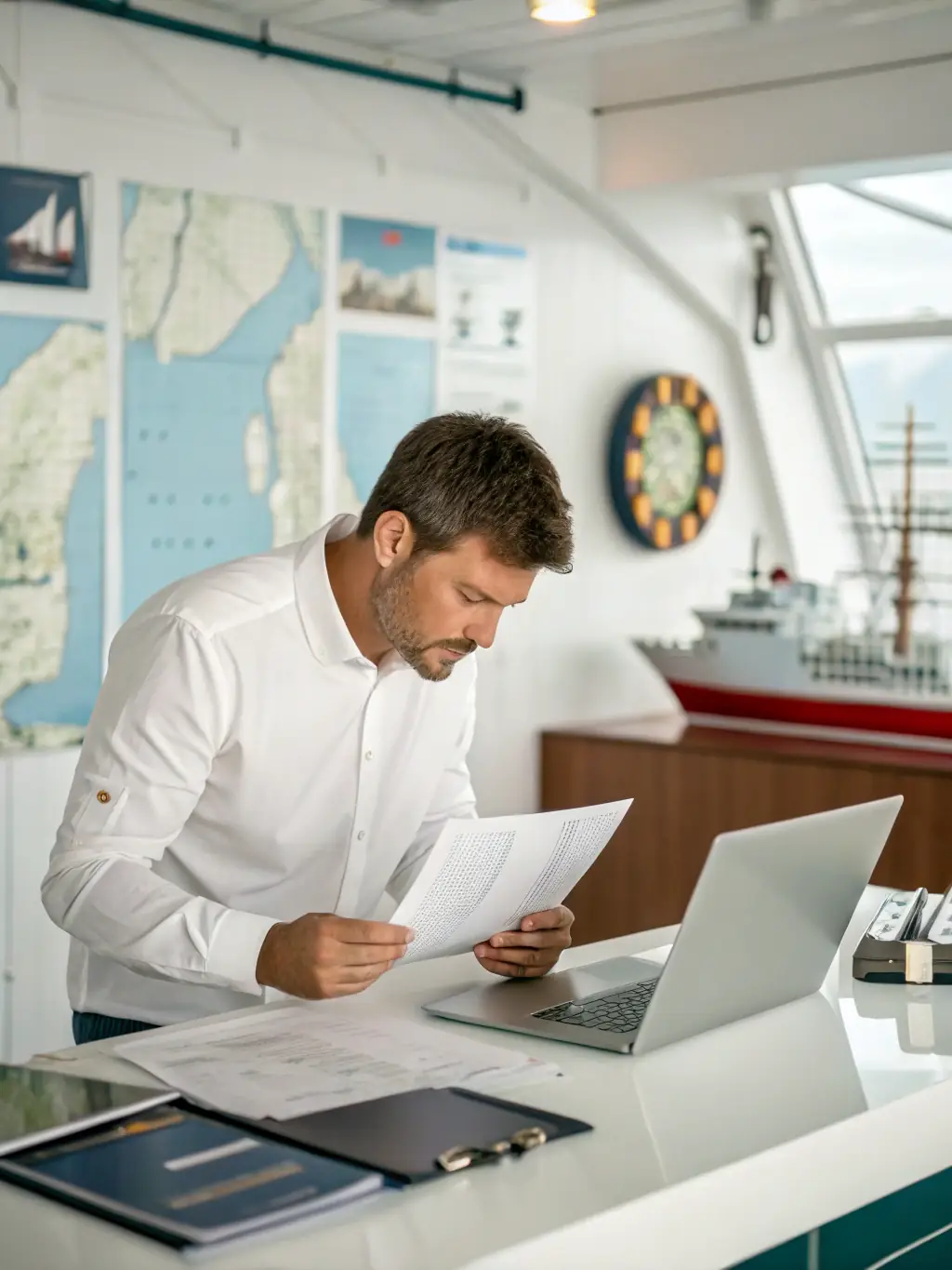 A visual representation of a mediator facilitating a discussion between two maritime professionals, with documents and charts visible in the background, emphasizing fair dispute resolution.