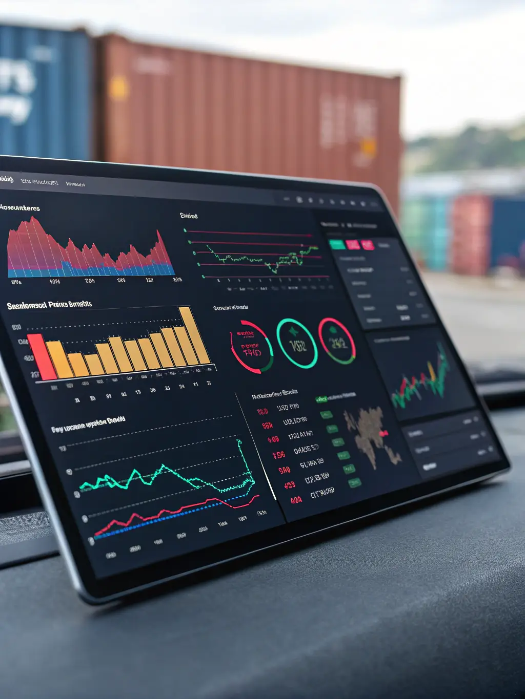 A detailed dashboard interface displaying real-time deal tracking and reporting metrics for various vessels, contracts, and voyages, highlighting commission statuses and financial insights.