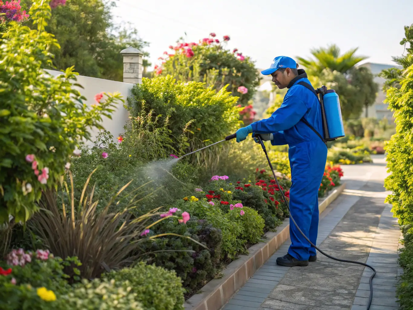 An image showing a professional pest control technician spraying a home, emphasizing effective pest eradication in a residential setting
