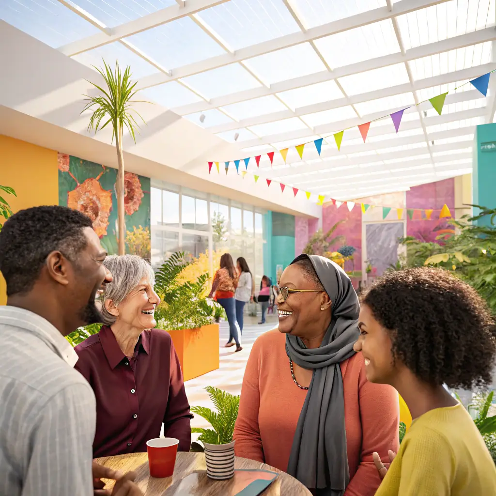 A vibrant photo collage showcasing various activities at the Samuel Lithgow Youth Centre, including youth club sessions, adult fitness classes, IT training, and community events. The collage should convey a sense of community, inclusion, and positive impact.