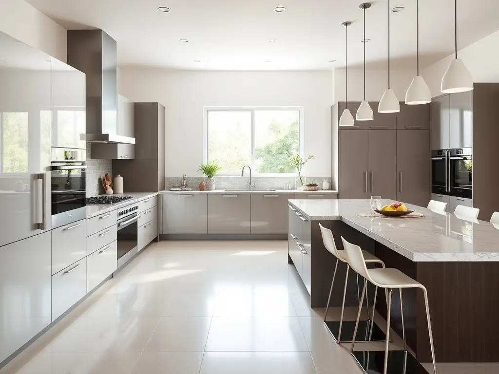 A bright, modern kitchen featuring a large granite worktop island with bar stools. The worktop has a complex pattern with shades of gray, white, and black. The kitchen is well-lit with natural light coming through a large window.