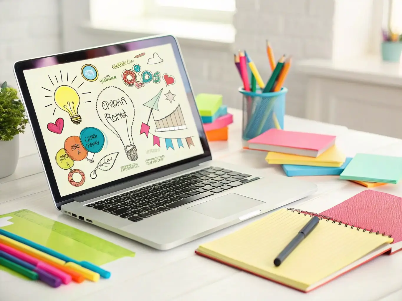 A modern workspace with a laptop displaying analytics graphs, a notepad with content ideas, and a cup of coffee, representing digital marketing content creation.