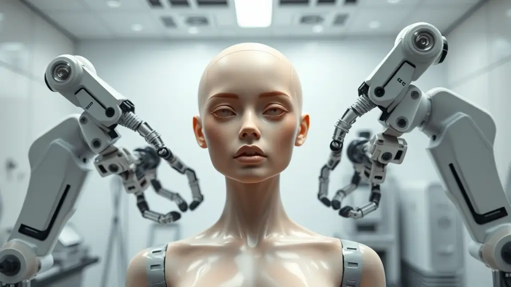 A realistic sex doll being assembled by robotic arms in a clean, modern laboratory setting.