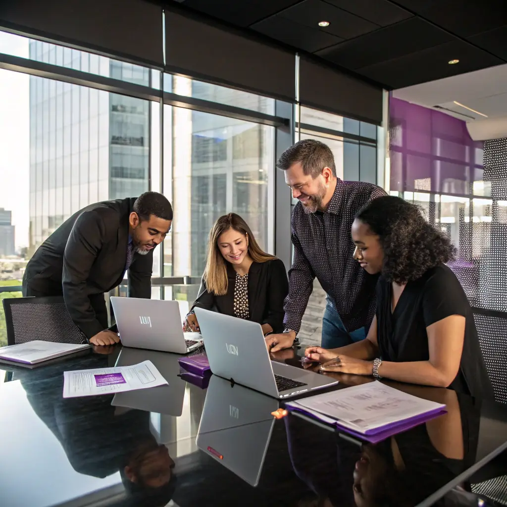 a professional photograph of a diverse group of adult industry entrepreneurs in a modern business environment, symbolizing support and growth, with a clean and vibrant style