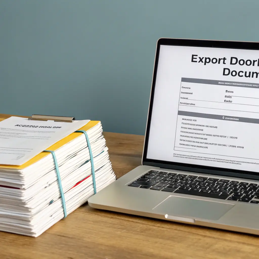 A clean, professional photo of export documents such as a commercial invoice, packing list, and bill of lading neatly arranged on a metallic desk, with a steel pen and a stamped certificate, set against a background of industrial blueprints and metal samples. The image conveys precision and reliability in export documentation for a metal manufacturer.