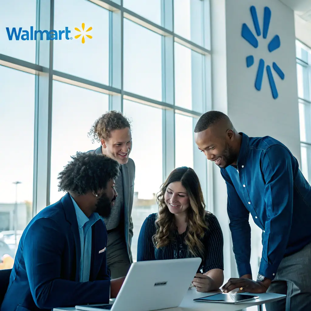 A modern digital marketing agency office with team members collaborating on Walmart Marketplace strategies, showcasing data analytics dashboards and product listings on large screens.
