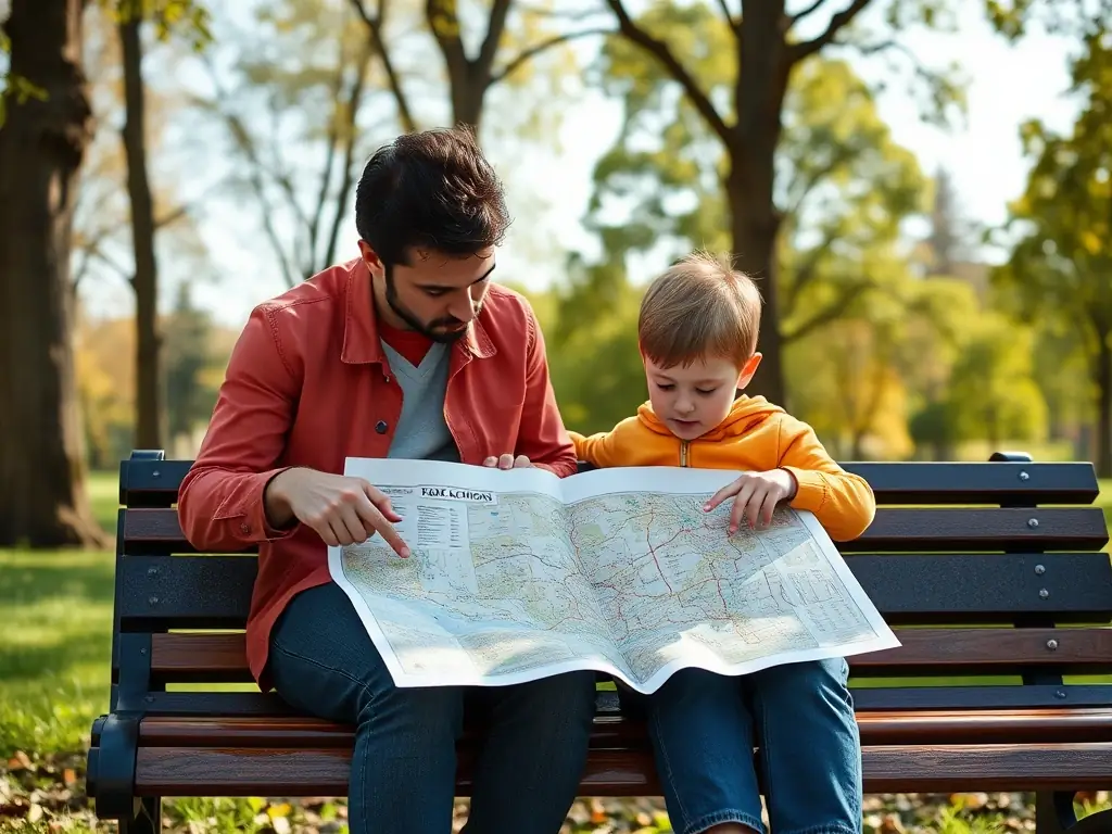 A photograph showing a parent and child looking at a map, representing relocation and travel disputes in custody cases.