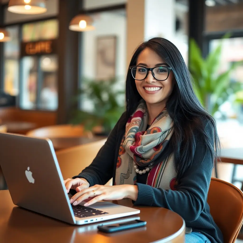 A woman with long black hair and stylish glasses, smiling while working on a laptop at a café.