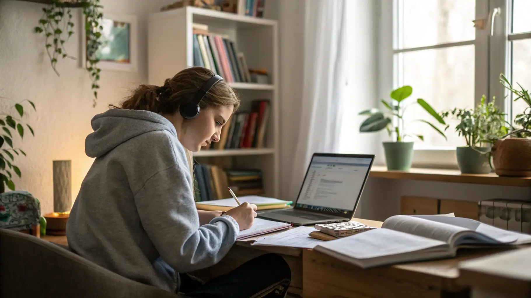 A student happily studying with a laptop, showcasing the flexibility of online learning.