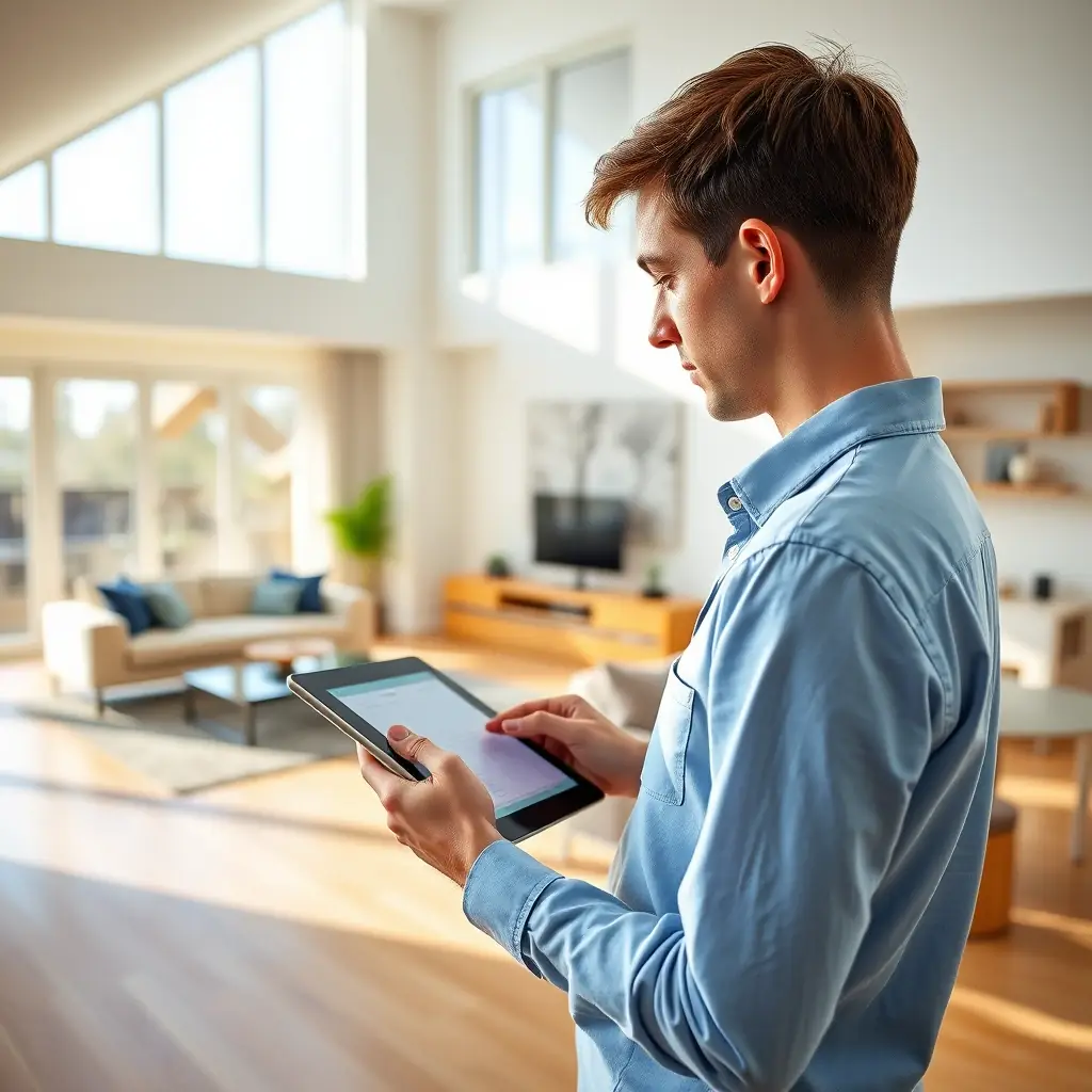 A person using a tablet to record data while inspecting a house, emphasizing the practical aspect of woning opname in Module 3 of the EPW-W training. The setting is a well-lit, modern home interior.