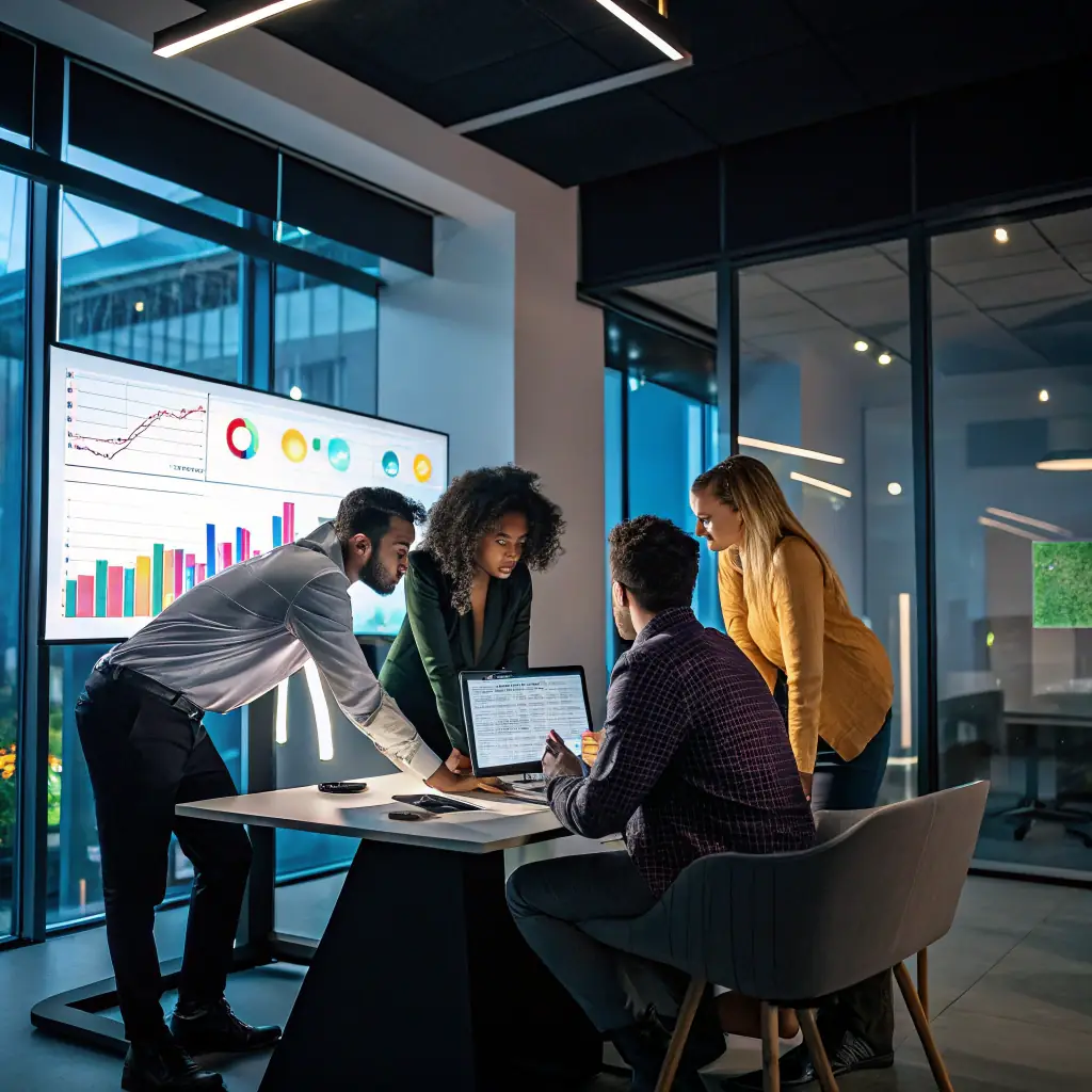 A diverse team of data scientists and marketing experts collaborating around a holographic projection of digital marketing analytics dashboards, showcasing KPIs, ROI metrics, and website visitor data, set in a modern, glass-walled office environment with the Omegacube logo subtly displayed.