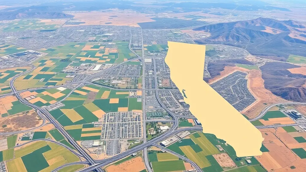 A detailed aerial view of Camarillo, California, with a map overlay highlighting coverage areas across the state, emphasizing the company's extensive regional presence.
