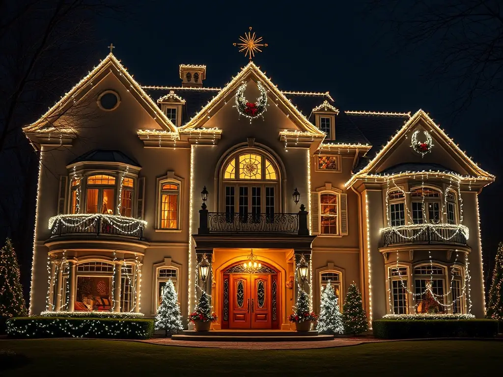 A brightly lit modern house at dusk, showcasing Govee Outdoor Pro permanent Christmas lights. The lights are elegantly installed, highlighting the architectural details of the house. The scene conveys a sense of festive ambiance and high-quality professional installation.
