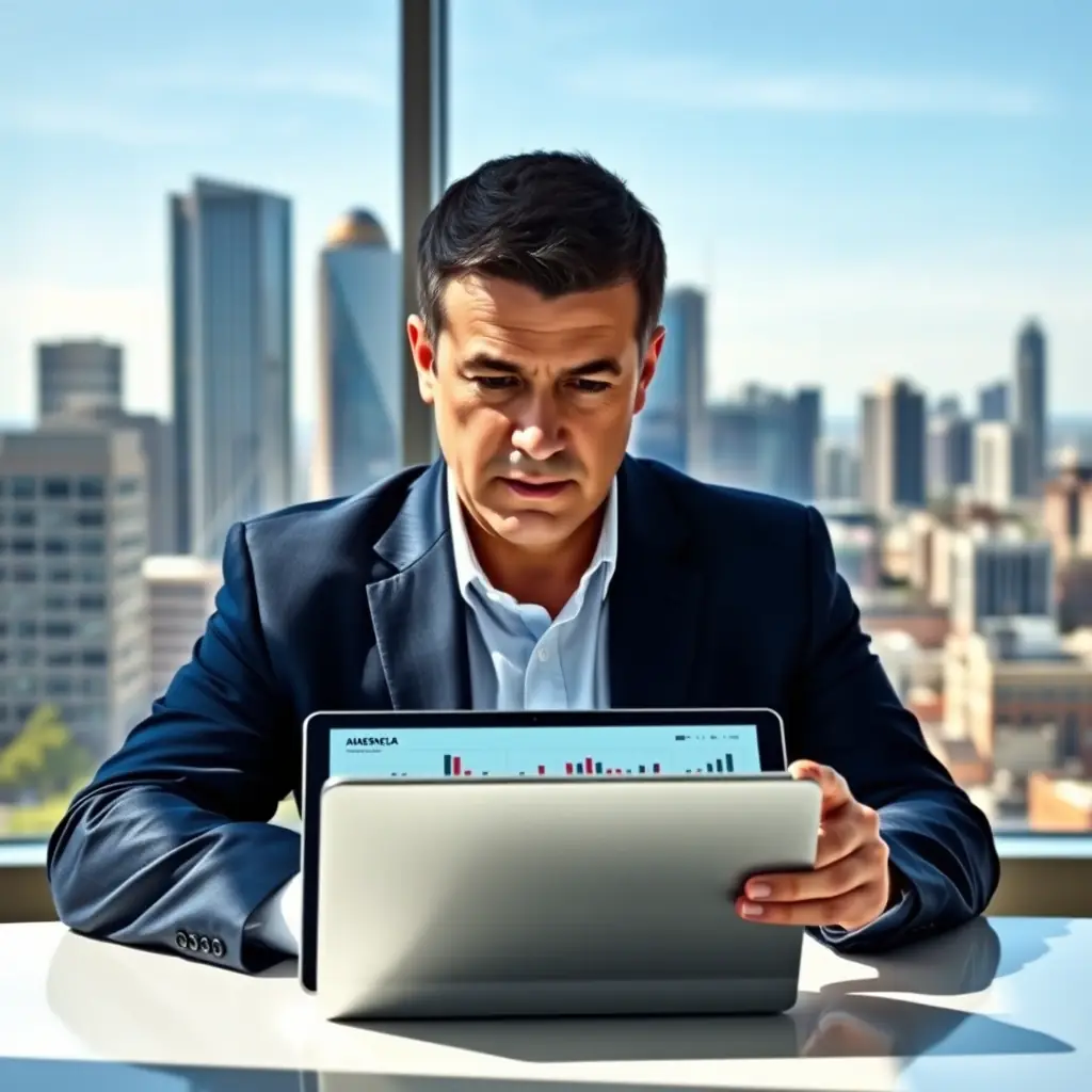 A financial advisor reviewing charts and graphs with a client in a modern office setting, conveying trust and expertise.