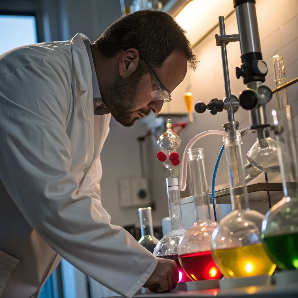 A close-up shot of a beverage formulation expert in a lab coat carefully measuring ingredients for a hemp-derived beverage, with various beakers and lab equipment in the background, conveying precision and scientific expertise.