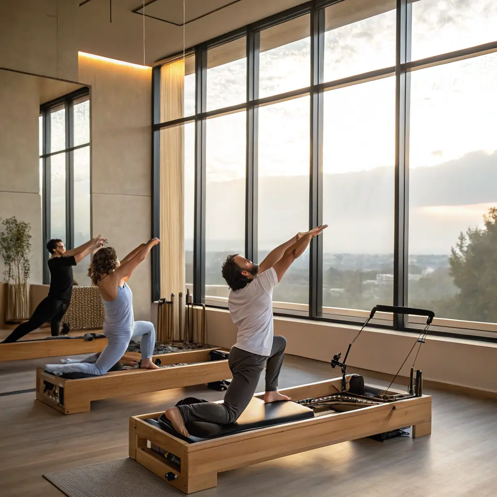 A bright, minimalist Pilates studio with natural light, featuring Equos-branded equipment and clothing. A diverse group of people are participating in a class, guided by an instructor. The scene conveys a sense of community, wellness, and modern elegance.