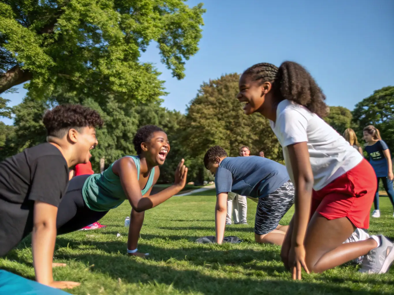 A vibrant photo of young students participating in a health camp, showcasing engagement and community in a natural, real-world setting.
