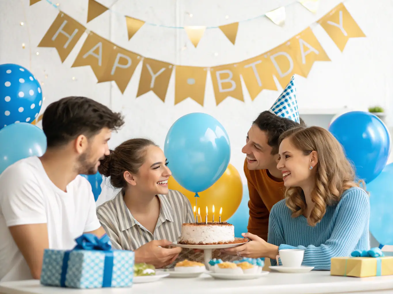 A group of people celebrating a birthday party with balloons, cake, and decorations. The atmosphere is joyful and energetic.
