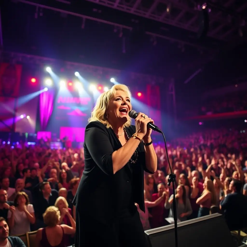 A photograph of Annie Vegas performing at a birthday party, with elegant decorations and guests enjoying the music. The lighting is warm and inviting, capturing the sophisticated yet celebratory atmosphere.