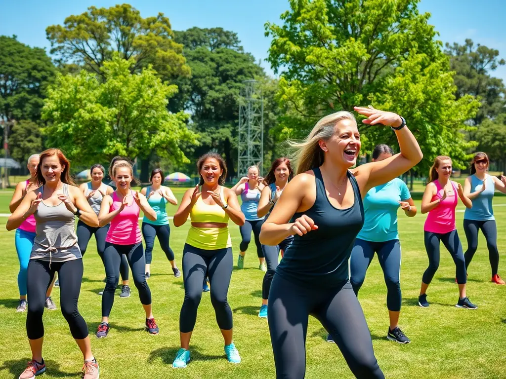 A vibrant image depicting a diverse group of people participating in a group fitness class, symbolizing weight loss and exercise programs offered by OptiHealthClinic to reduce heart diseases and metabolic disorders.